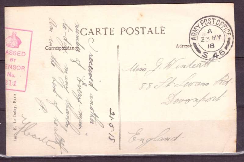 Post Cart from IWW {France} . ARMY POST OFFICE and CENSOR