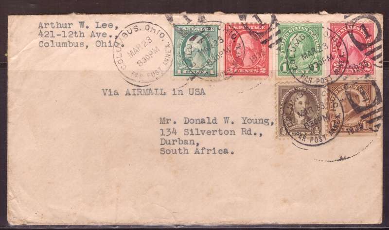 USA 1935 Cover from Columbus too Durban  SA. Coil stamps.