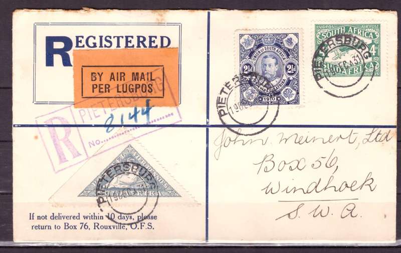 UNION  of South Africa.   Pietersburg to SWA 1931 . Cover.