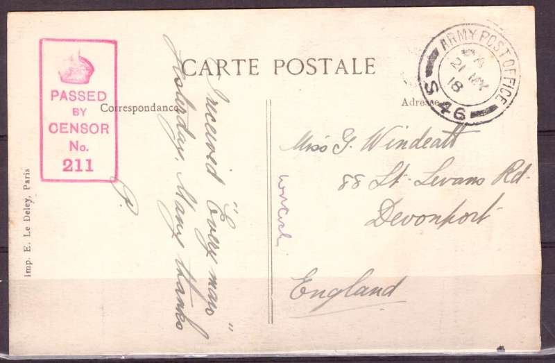Post Cart from IWW {France} . ARMY POST OFFICE and CENSOR