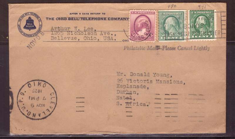 USA 1936 Cover from Ceveland too Durban SA. Coil Stamps..