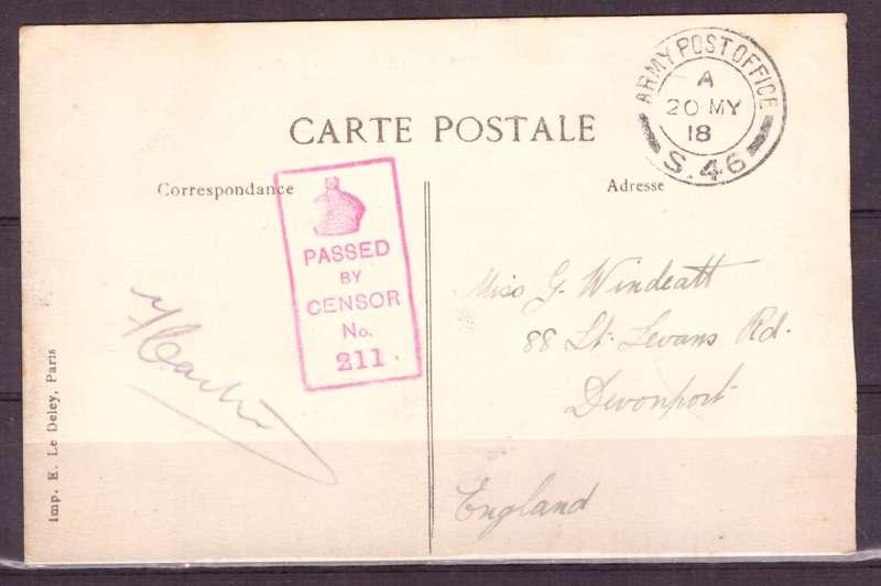 Post Cart from IWW {France} . ARMY POST OFFICE and CENSOR