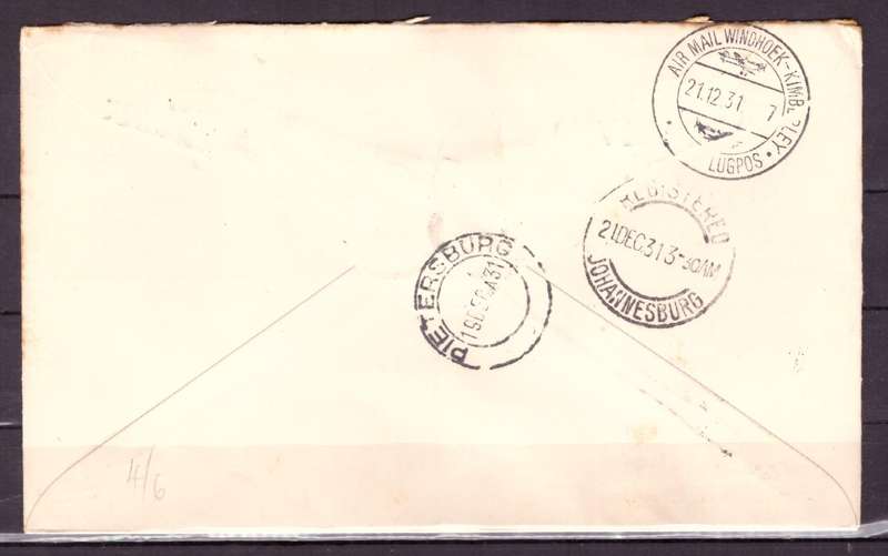 UNION  of South Africa.   Pietersburg to SWA 1931 . Cover.