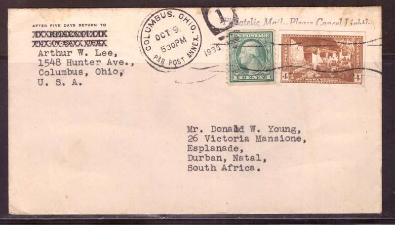 USA 1935 Cover from Columbus too Durban  SA. Coil stamps. and inperf.