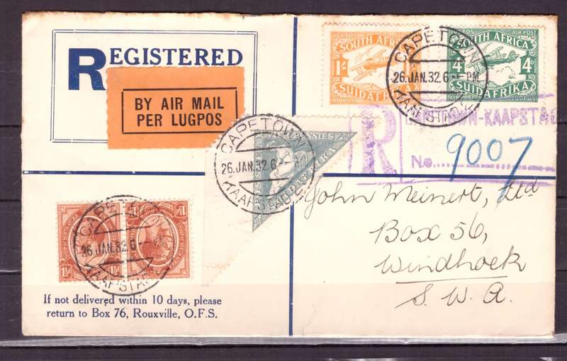 UNION  of South Africa.  Airmails from Cap Town to SWA 1932 . Beautiful Cover.