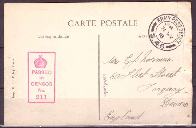 Post Cart from IWW {France} . ARMY POST OFFICE and CENSOR