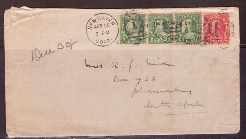 USA 1928 Cover from New Haven too Johannesberg