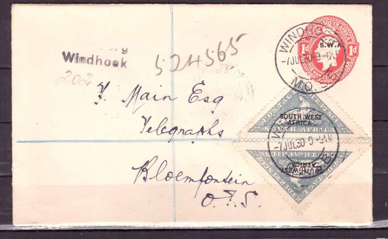 UNION  of South Africa.  Airmails  from SWA to Bloemfontein 1930 . Cover.