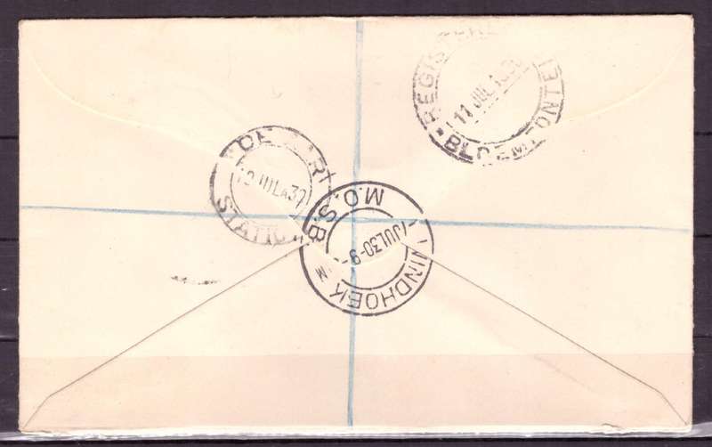 UNION  of South Africa.  Airmails  from SWA to Bloemfontein 1930 . Cover.
