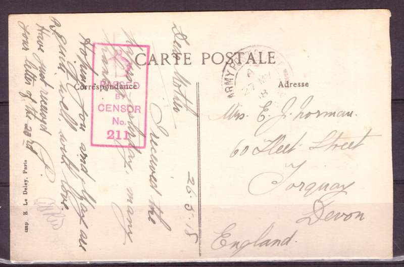 Post Cart from IWW {France} . ARMY POST OFFICE and CENSOR