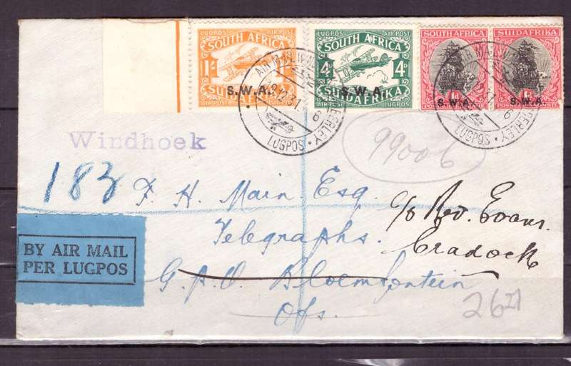 UNION  of South Africa.  Airmails from  SWA to Bloemfontein 1931 . Beautiful Cover.