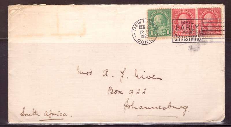 USA 1928 Cover from New Haven too Johannesberg