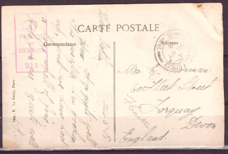 Post Cart from IWW {France} . ARMY POST OFFICE and CENSOR
