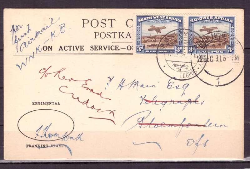 UNION  of South Africa.  Airmails post card SWA to Bloemfontein 1931 .