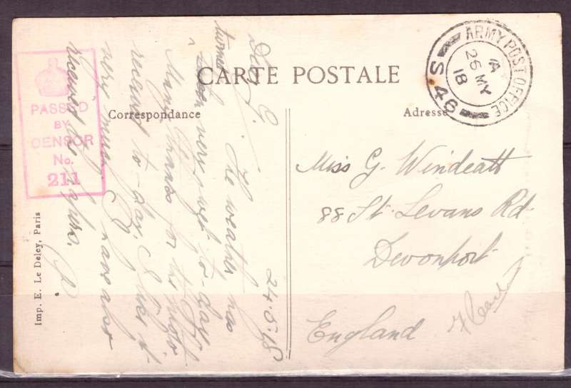 Post Cart from IWW {France} . ARMY POST OFFICE and CENSOR