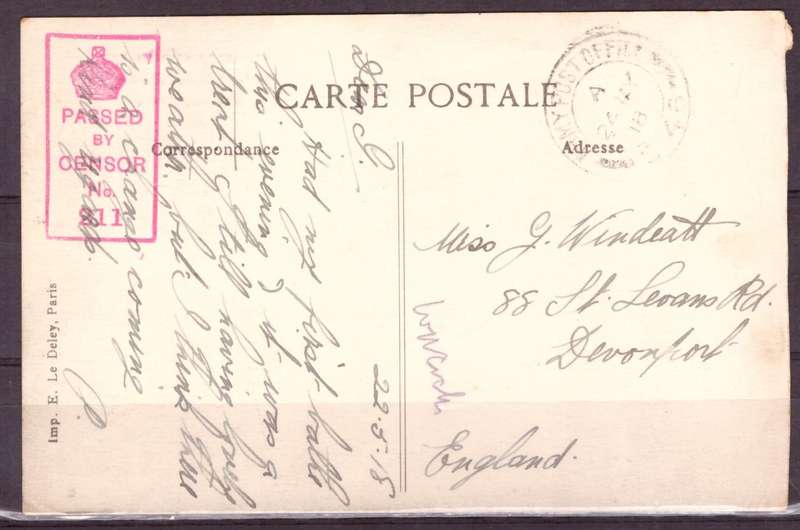 Post Cart from IWW {France} . ARMY POST OFFICE and CENSOR