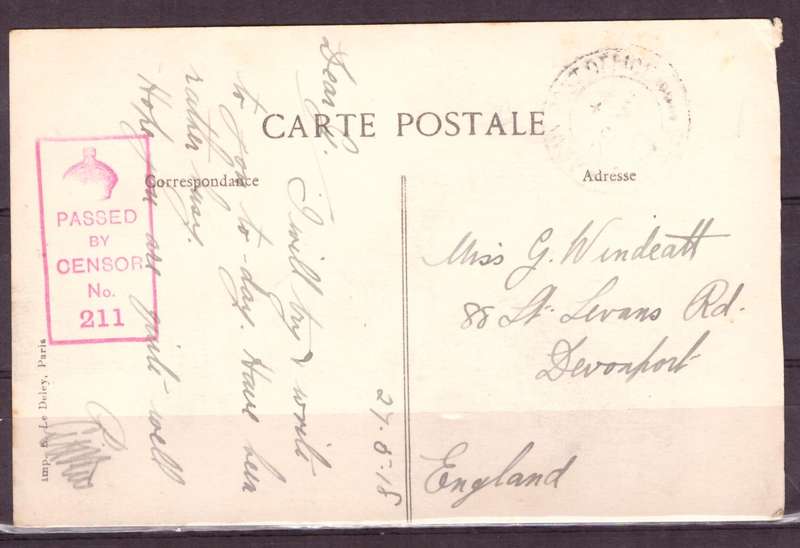 Post Cart from IWW {France} . ARMY POST OFFICE and CENSOR