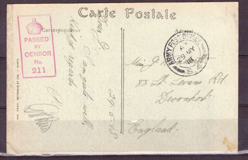 Post Cart from IWW {France} . ARMY POST OFFICE and CENSOR