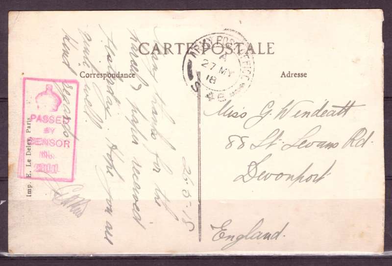 Post Cart from IWW {France} . ARMY POST OFFICE and CENSOR