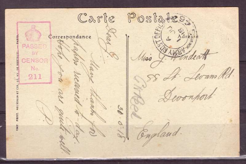 Post Cart from IWW {France} . ARMY POST OFFICE and CENSOR