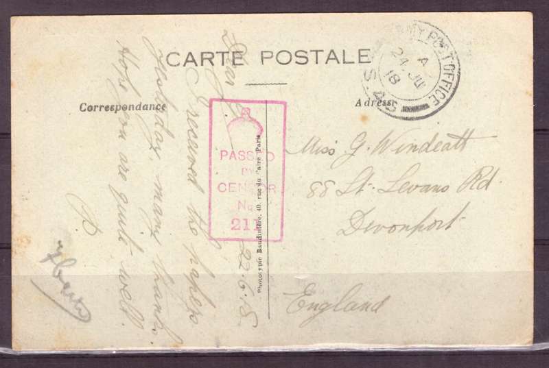 Post Cart from IWW {France} . ARMY POST OFFICE and CENSOR