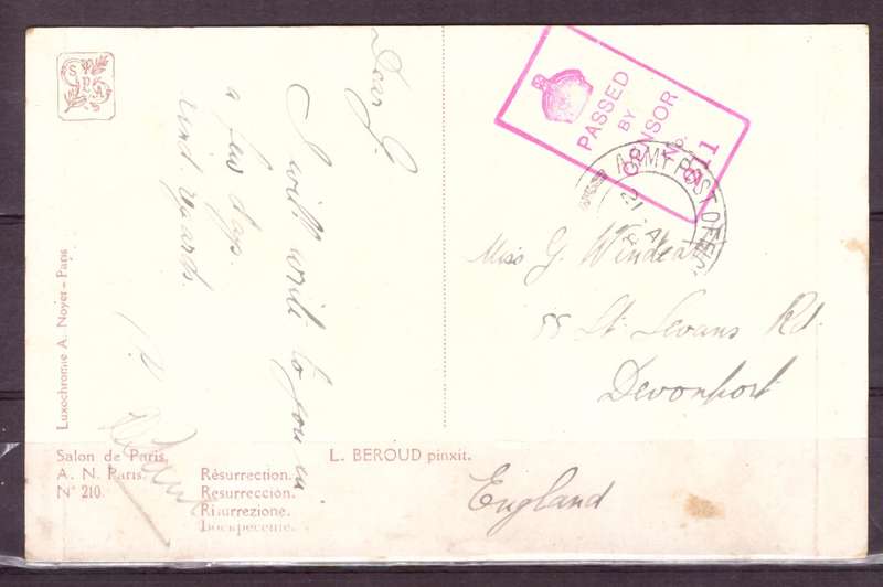 Post Cart from IWW {France} . ARMY POST OFFICE and CENSOR