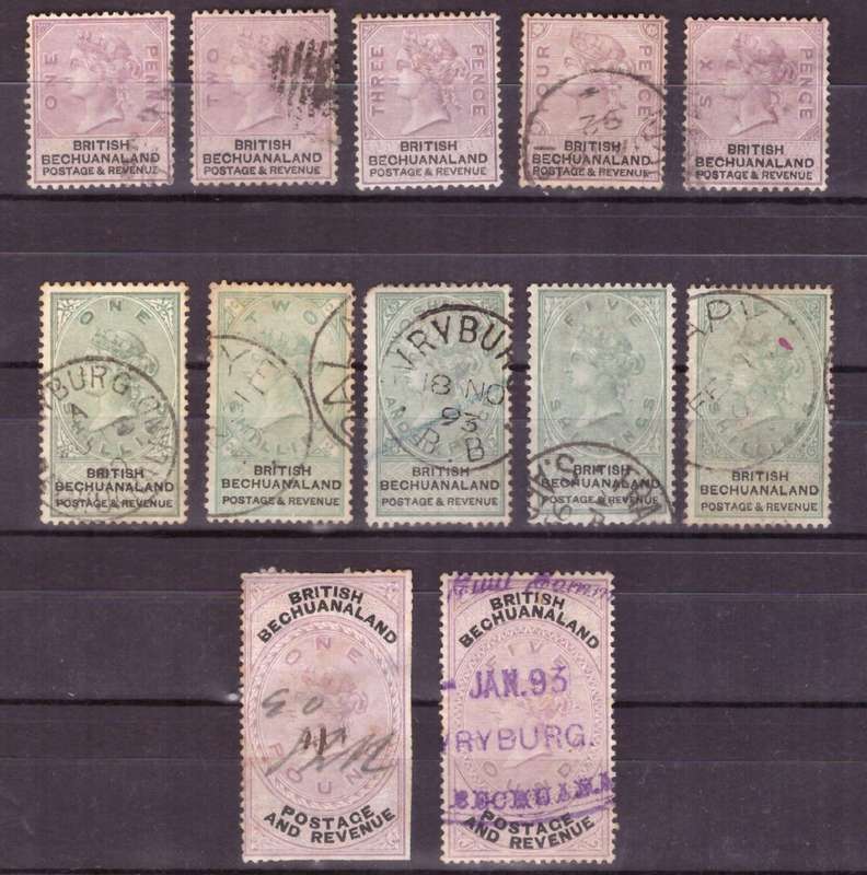 British Bechuanaland set Used. 1 and 5 pound fiskal used. Look Scan Mixed condition.