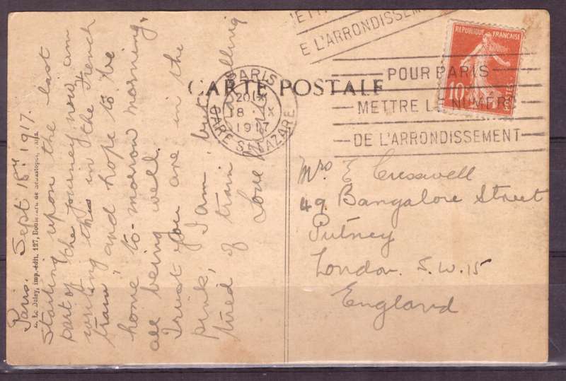 Post Cart 1917 from France to England.