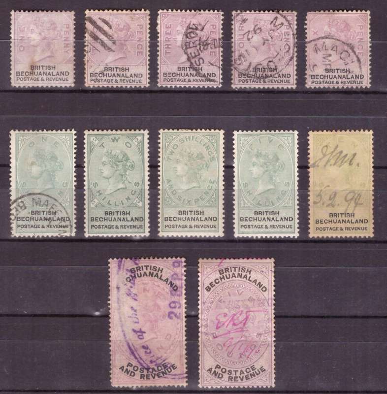 British Bechuanaland set Used. 1 and 5 pound fiskal used. Look Scan Mixed condition.