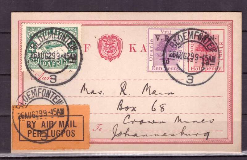 UNION  of South Africa. First Airmail from Bloemfontein to Johannesburg 1929.