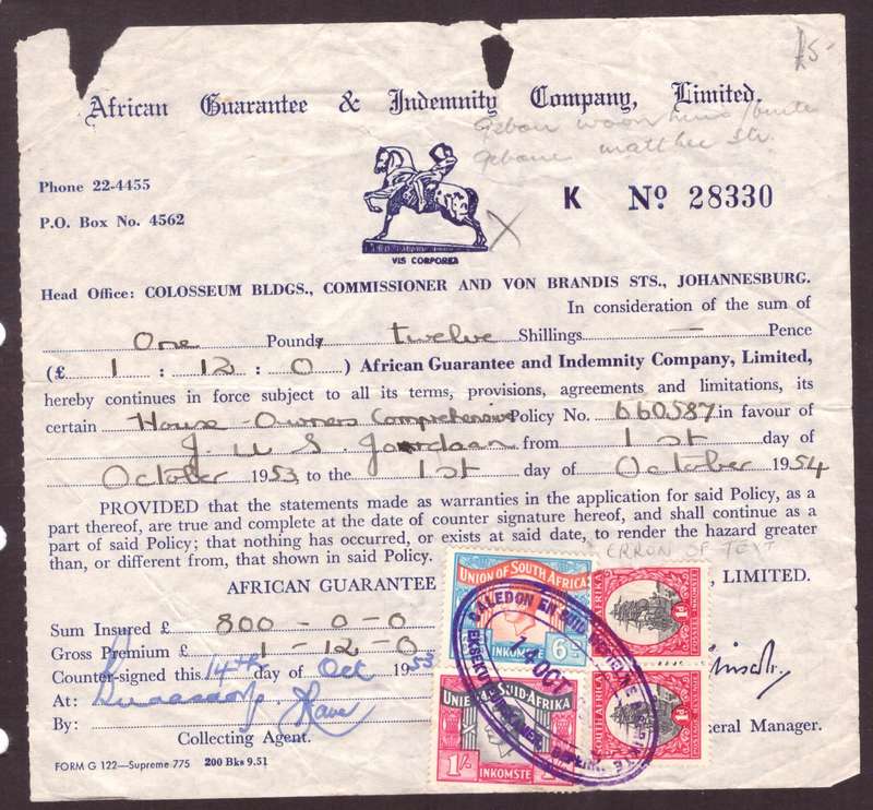 UNION of South AFRICA.  Revenue stamps on document. 6d language error.