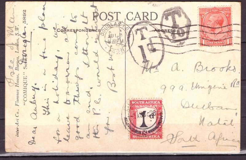 UNION of South AFRICA. From GB to SA , TAX. Post cart.
