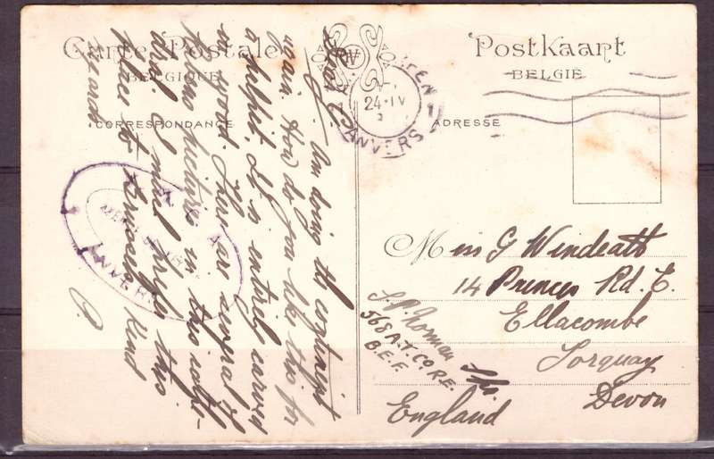 Post Cart from IWW {Belgium} . ARMY POST OFFICE and CENSOR