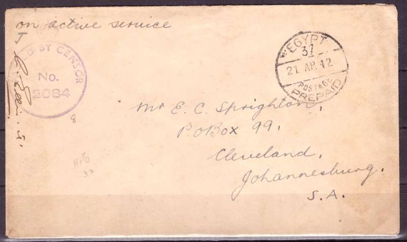 UNION  of South Africa. South African Army Post Offices in Egypt World War II