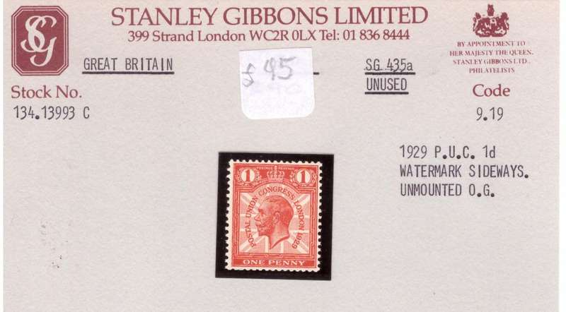 Great Britain. 1929  PUC  1d watermark sideways. MNH.