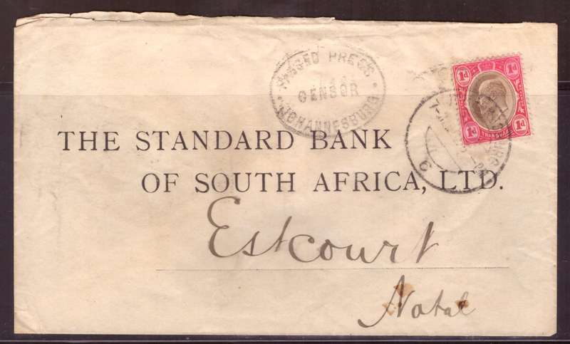Transvaal . Censor Cover 1902  from Johannesburg to Estcurt.