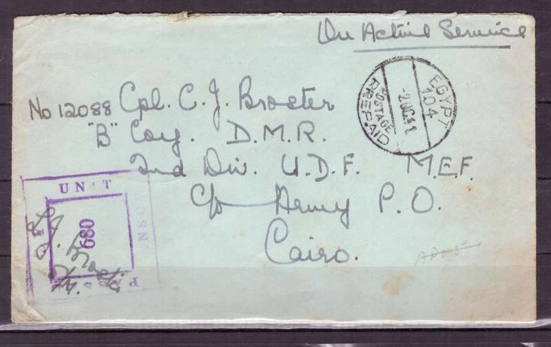UNION  of South Africa. South African Army Post Offices in Egypt World War II