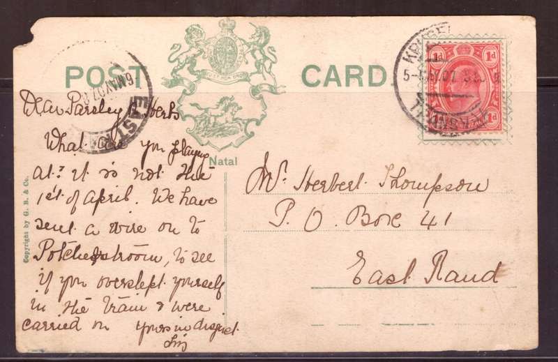 Transvaal  Post Cart 1907  Krugersdorp ? to Eastrand. corner demag.