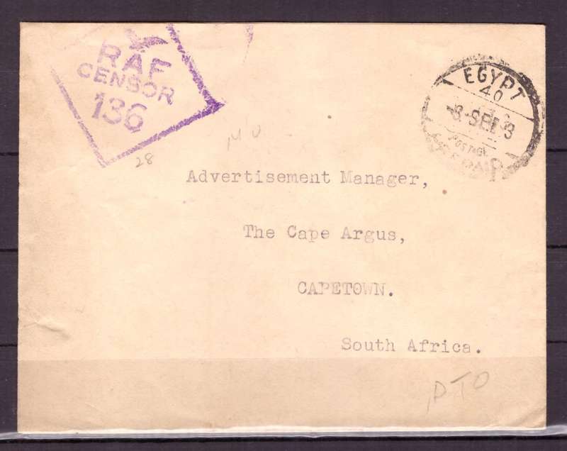 UNION  of South Africa. South African Army Post Offices in Egypt World War II