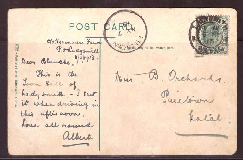 Transvaal  Post Cart 1913  from Ladysmith to Pinetown.