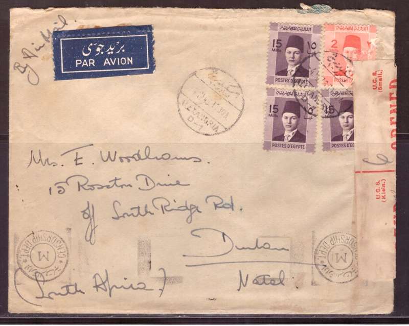 Egypt . Cover 1943 from Alexandria too Durban .Nice dabel Censor.