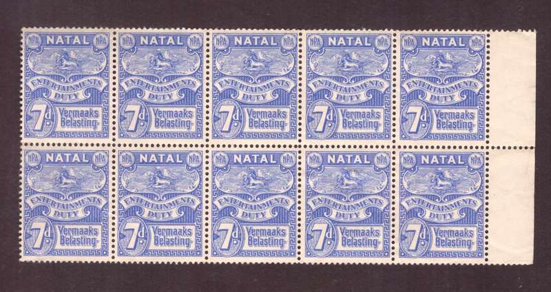UNION 0f South Africa 1945  issue, Natal Rervenue. 7d block of 10 very rare. Berefoot cat. #45