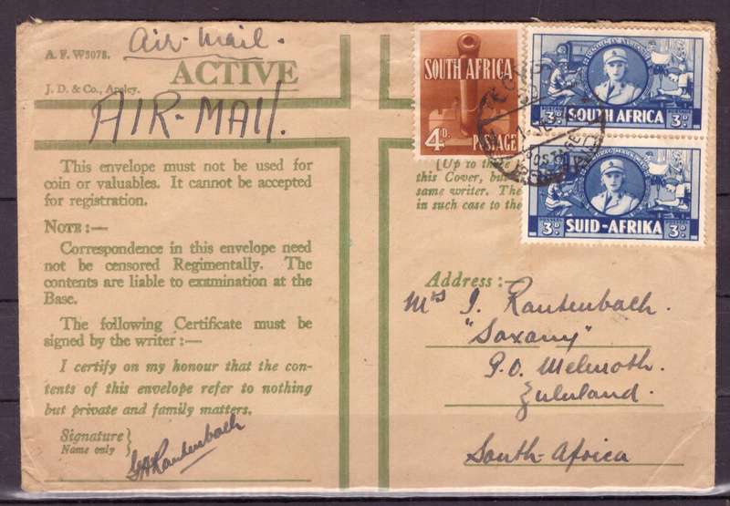 UNION  of South Africa. South African Army Post Offices in Egypt World War II