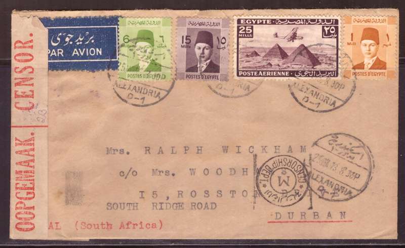Egypt . Cover 1943 from Alexandria too Durban .Nice dabel Censor.