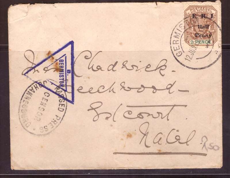 Transvaal cover 1902 from Germiston To Estcourt. Dabel Censor.
