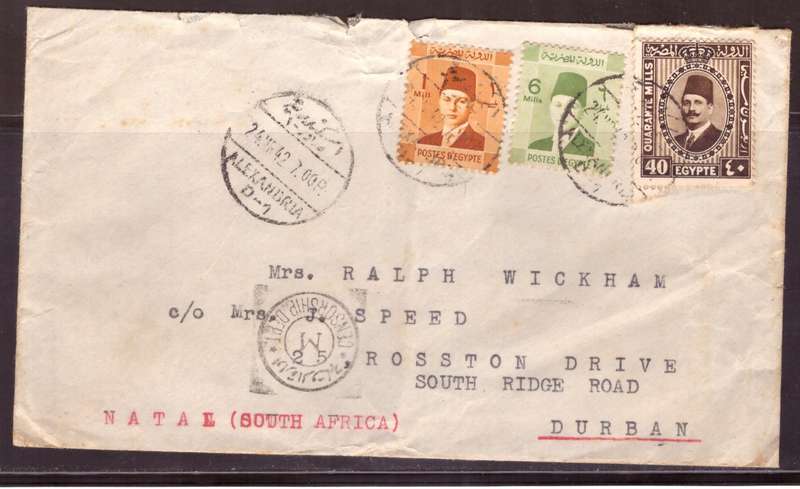 Egypt . Cover 1942 from Alexandria too Durban .Nice Censor.