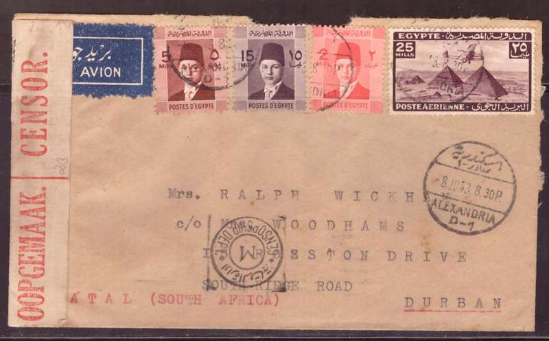 Egypt . Cover 1943 from Alexandria too Durban .Nice dabel Censor. small damege.