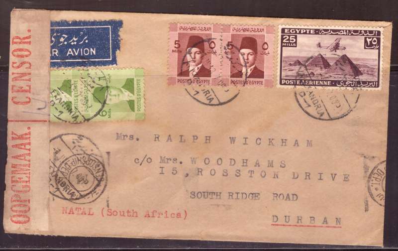 Egypt . Cover 1943 from Alexandria too Durban .Nice dabel Censor. small demage.