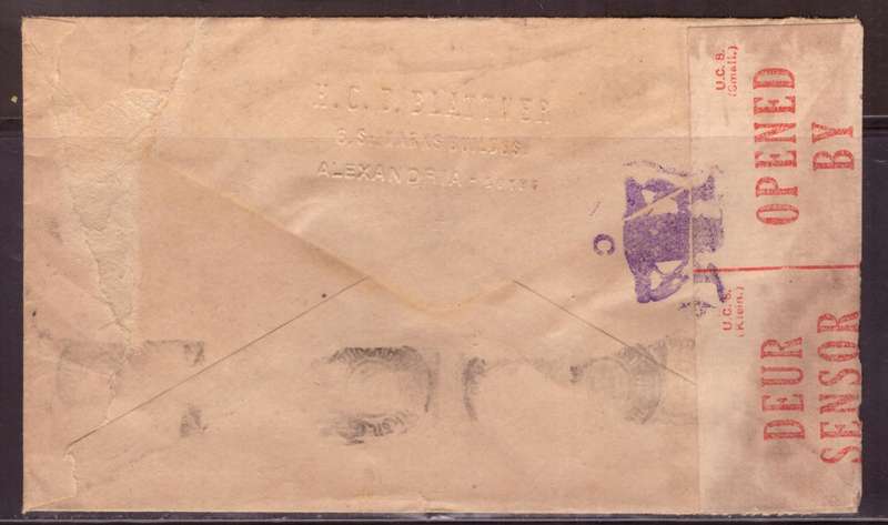 Egypt . Cover 1943 from Alexandria too Durban .Nice dabel Censor. small demage.