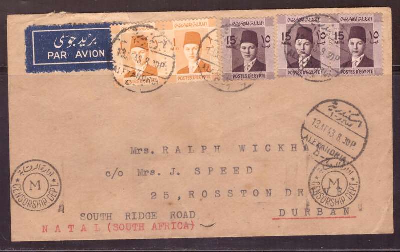 Egypt . Cover 1943 from Alexandria too Durban .Nice dabel Censor. small demage.